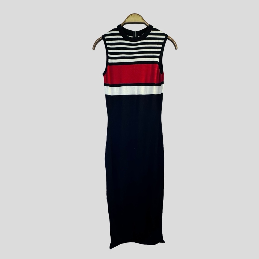Women's Rib-Knit Bodycon fit Sleeveless Crew Neck Three Color Stripes Midi Dress